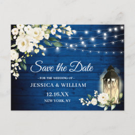 Royal Blue Wood White Roses Wedding Save the Date Briefkaart