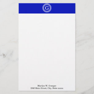 Royal Blue Wt Greek Key Rnd Frame Initial Monogram Briefpapier