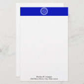 Royal Blue Wt Greek Key Rnd Frame Initial Monogram Briefpapier (Voorkant / Achterkant)
