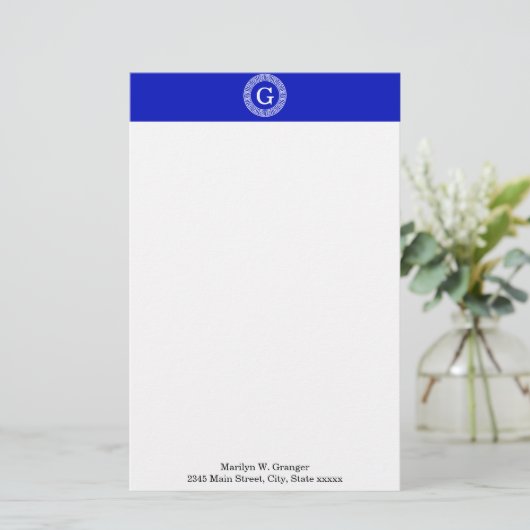 Royal Blue Wt Greek Key Rnd Frame Initial Monogram Briefpapier (Staand voorkant)