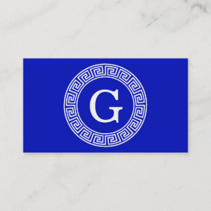Royal Blue Wt Greek Key Rnd Lijst Initiaal Monogra Visitekaartje