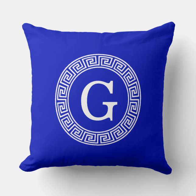 Royal Blue WT Grieks Sleutel RND Lijst Initiaal Mo Kussen (Voorkant)
