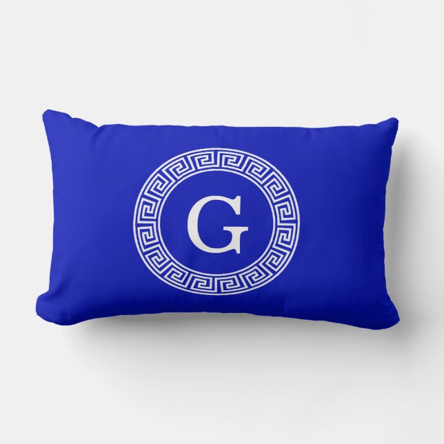 Royal Blue WT Grieks Sleutel RND Lijst Initiaal Mo Kussen (Voorkant)