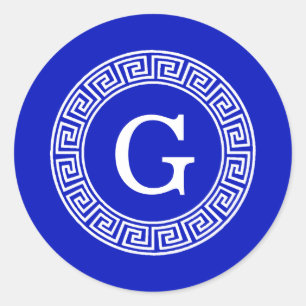 Royal Blue WT Grieks Sleutel RND Lijst Initiaal Mo Ronde Sticker