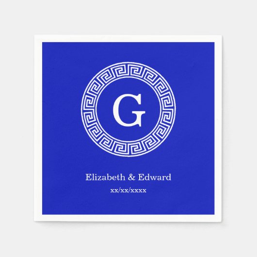Royal Blue WT Grieks Sleutel RND Lijst Initiaal Mo Servetten (Voorkant)