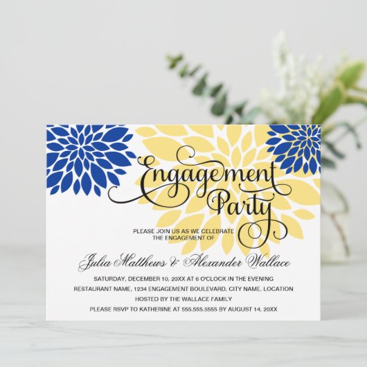 Royal Blue Yellow Floral Burst Engagement Party Kaart (Staand voorkant)