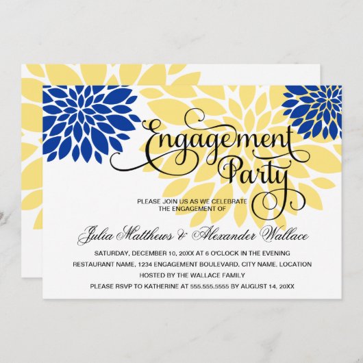 Royal Blue Yellow Floral Burst Engagement Party Kaart (Voorkant / Achterkant)
