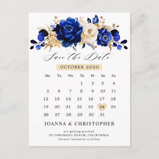 Royal Blue Yellow Gold Calendar Save the Date Briefkaart (Voorkant)