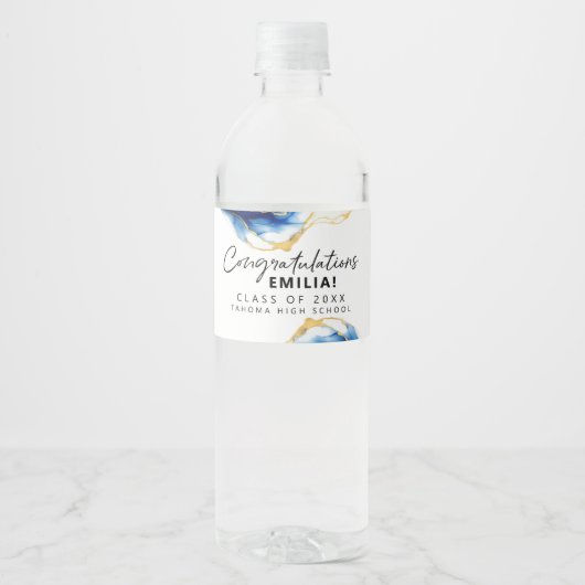 Royal Blue Yellow Gold Elegant Afstuderen Waterfles Etiket (Voorkant)