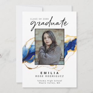 Royal Blue Yellow Gold Elegant Modern Afstuderen Aankondiging