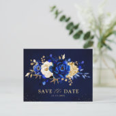 Royal Blue Yellow Gold Floral Save the date Postca Briefkaart (Staand voorkant)