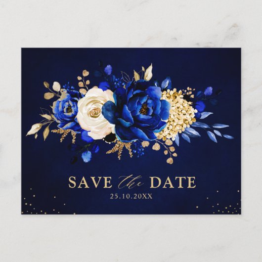 Royal Blue Yellow Gold Floral Save the date Postca Briefkaart (Voorkant)