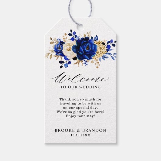 Royal Blue Yellow Gold Floral Wedal Welcome Cadeaulabel (Voorkant)