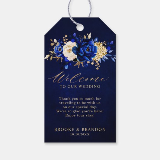 Royal Blue Yellow Gold Floral Wedal Welcome Gif Cadeaulabel (Voorkant)