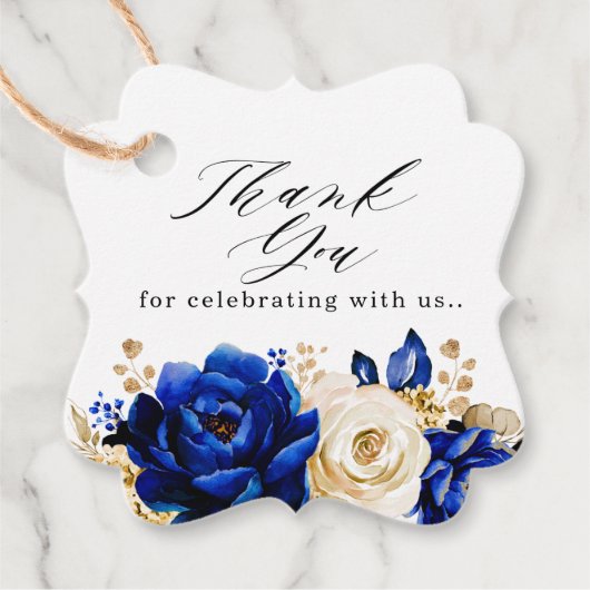 Royal Blue Yellow Gold Floral Weddenschap Bedankt  Bedankjes Labels (Voorkant)