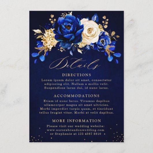 Royal Blue Yellow Gold Floral Wedding Details Encl Informatiekaartje (Voorkant)
