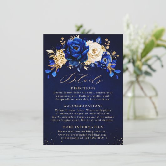 Royal Blue Yellow Gold Floral Wedding Details Encl Informatiekaartje (Staand voorkant)