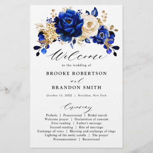 Royal Blue Yellow Gold Floral Wedding Programme (Voorkant)