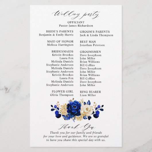 Royal Blue Yellow Gold Floral Wedding Programme (Achterkant)