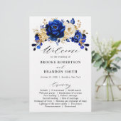 Royal Blue Yellow Gold Floral Wedding Programme (Staand voorkant)