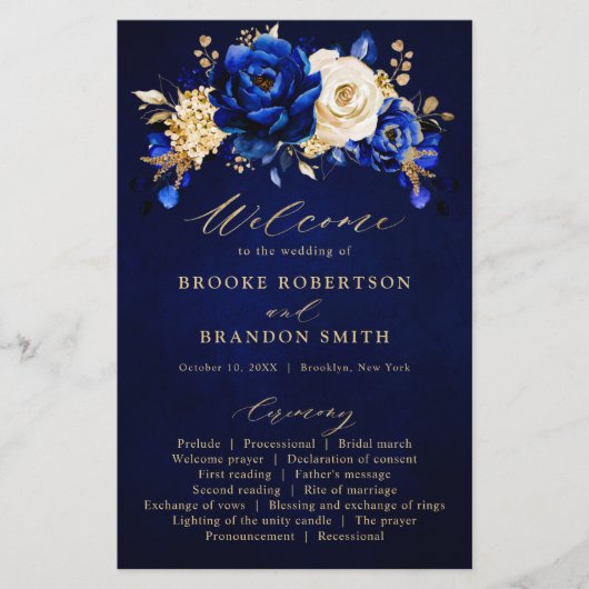 Royal Blue Yellow Gold Floral Wedding Programme (Voorkant)