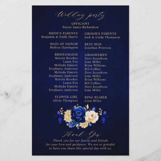 Royal Blue Yellow Gold Floral Wedding Programme (Achterkant)