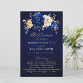 Royal Blue Yellow Gold Floral Wedding Programme (Staand voorkant)