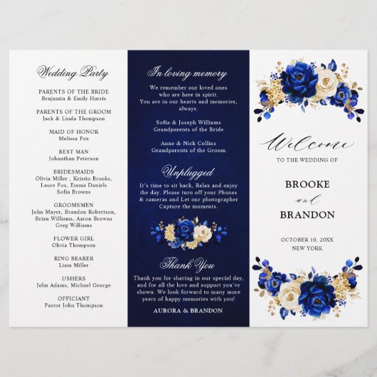 Royal Blue Yellow Gold Floral Wedding Programme (Voorkant)