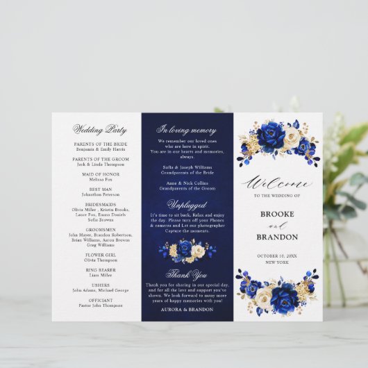 Royal Blue Yellow Gold Floral Wedding Programme (Staand voorkant)