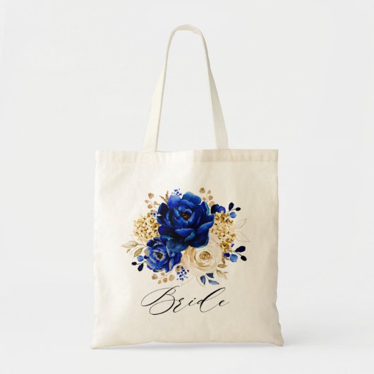 Royal Blue Yellow Gold Metallic Floral Bride Tote Bag (Voorkant)