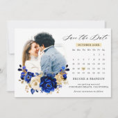 Royal Blue Yellow Gold Metallic Floral Calendar Save The Date (Voorkant)