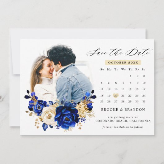 Royal Blue Yellow Gold Metallic Floral Calendar Save The Date (Voorkant)