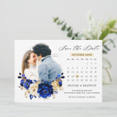 Royal Blue Yellow Gold Metallic Floral Calendar Save The Date (Staand voorkant)