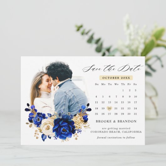 Royal Blue Yellow Gold Metallic Floral Calendar Save The Date (Staand voorkant)