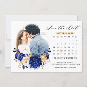 Royal Blue Yellow Gold Metallic Floral Calendar Save The Date