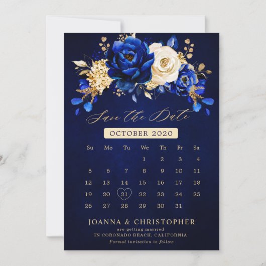 Royal Blue Yellow Gold Metallic Floral kalender SA Save The Date (Voorkant)