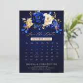 Royal Blue Yellow Gold Metallic Floral kalender SA Save The Date (Staand voorkant)