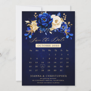 Royal Blue Yellow Gold Metallic Floral kalender SA Save The Date