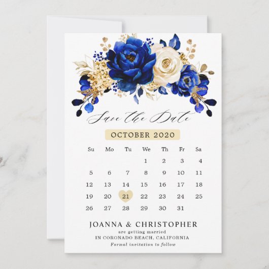 Royal Blue Yellow Gold Metallic Floral kalender Save The Date (Voorkant)