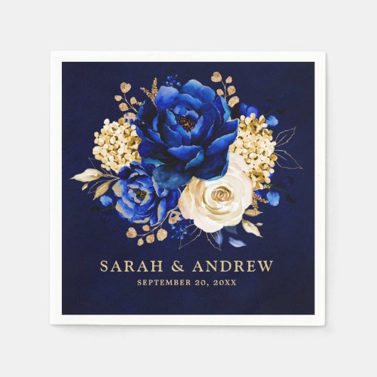 Royal Blue Yellow Gold Metallic Floral Weddenschap Servet (Voorkant)