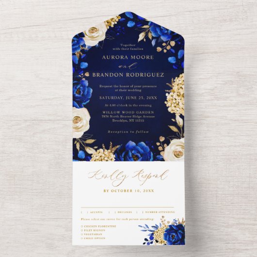 Royal Blue Yellow Gold Metallic Floral Wedding All In One Uitnodiging (Binnen)