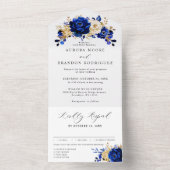 Royal Blue Yellow Gold Metallic Floral Wedding All In One Uitnodiging (Binnen)