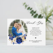Royal Blue Yellow Gold Metallic Floral Wedding Bedankkaart (Staand voorkant)