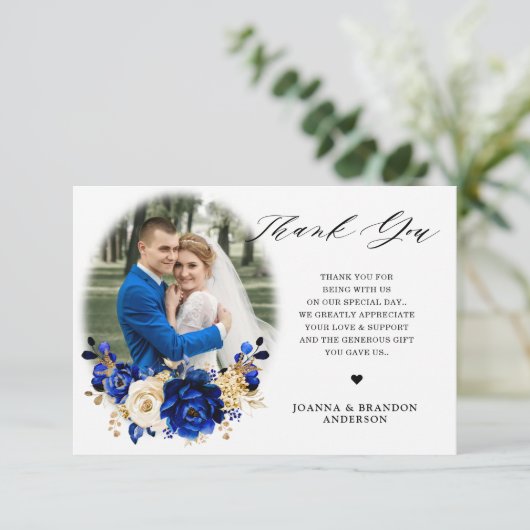 Royal Blue Yellow Gold Metallic Floral Wedding Bedankkaart (Staand voorkant)