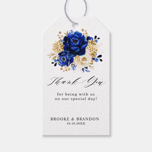 Royal Blue Yellow Gold Metallic Floral Wedding Cadeaulabel (Voorkant)