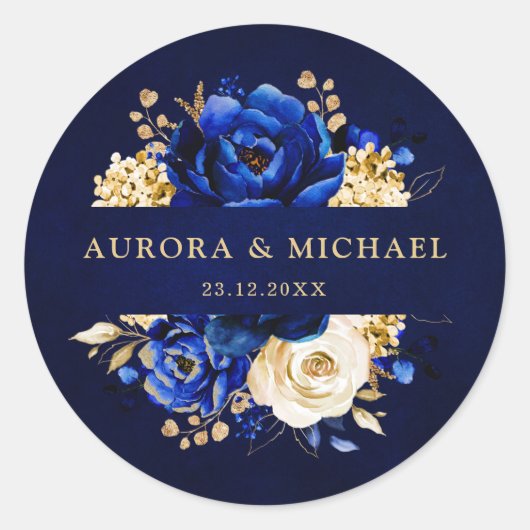 Royal Blue Yellow Gold Metallic Floral Wedding Cla Ronde Sticker (Voorkant)