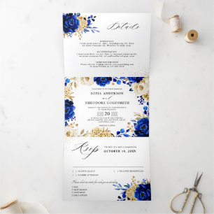 Royal Blue Yellow Gold Metallic Floral Wedding Drieluik Aankondiging