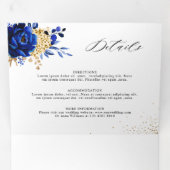 Royal Blue Yellow Gold Metallic Floral Wedding Drieluik Aankondiging (Binnenzijde eerst)