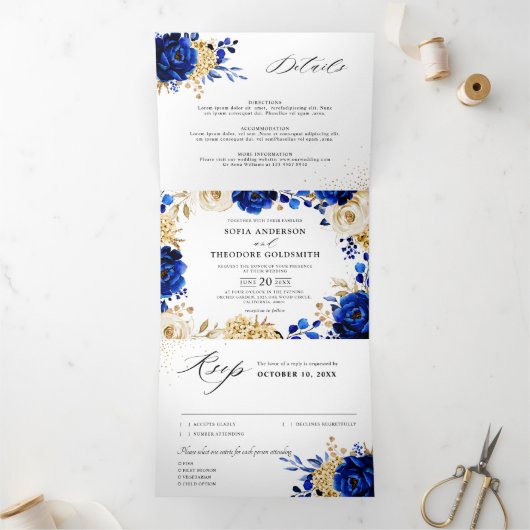 Royal Blue Yellow Gold Metallic Floral Wedding Drieluik Aankondiging (Binnen)