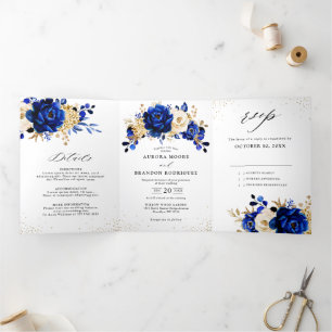 Royal Blue Yellow Gold Metallic Floral Wedding Drieluik Aankondiging